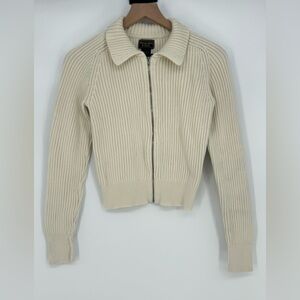 Vintage Abercrombie & Fitch Cream Zip Front Cotton Knit Collared Sweater - Small